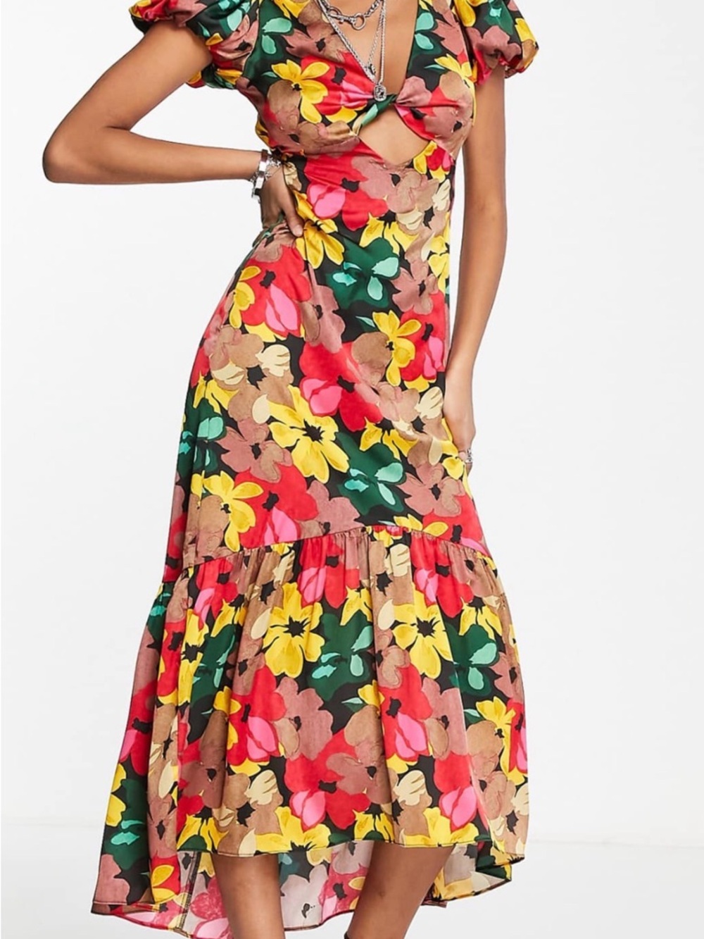 Topshop Floral High-Low Midi Dress in Yellow, Red & Green